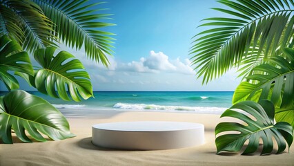 Podium with tropical leaves and beach background , podium, tropical, leaves, beach, background, exotic, nature, sand