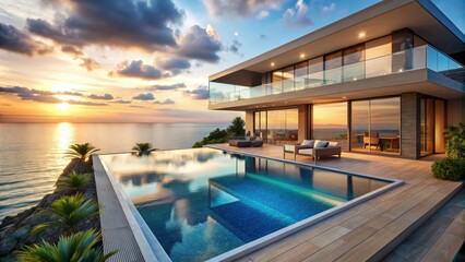 Fototapeta premium Luxurious seaside villa with infinity pool and stunning ocean views, seaside, villa, luxury, infinity pool, ocean