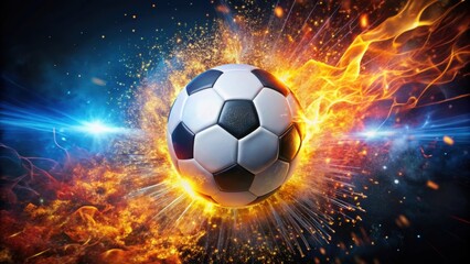 Fototapeta premium Soccer ball exploding with vivid colors and sparks, symbolizing excitement and passion in football matches , explosive, colorful
