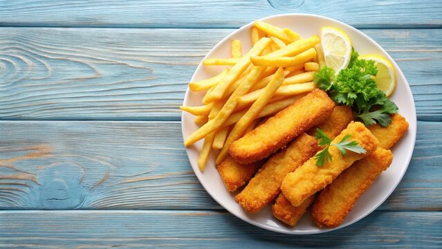 Golden fish sticks and French fries on a plate , seafood, fast food, crispy, delicious, meal, lunch, crispy fish