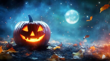 Naklejka premium Cheerful Grinning Jack-o'-Lantern on Earthen Patch, Twinkling Starry Sky, Distant Hauntingly Beautiful Moon, Expansive Negative Space