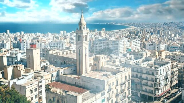 A panoramic view of Algiers, Algeria, with the iconic clock tower in the foreground and the Mediterranean Sea in the background.
