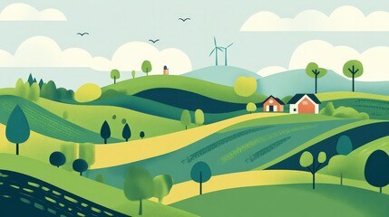 Obraz premium Eco-Friendly Sustainable Farming Practices Flat Design Illustration | Green Agriculture Technology and Organic Crops Concept