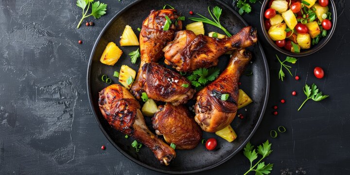 Spicy Fried Chicken Legs with Pineapple Pieces and Baked Chicken Fillet, Empty Space for Text