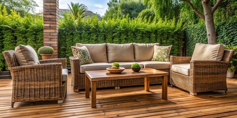 Cozy patio setting with wicker sofa, wooden table, and chairs , cozy, patio, sofa, wicker, cushions, table, wood