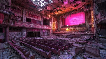 An abandoned theater showcasing a stunning decay with vibrant pink light, evoking nostalgia and desolation.