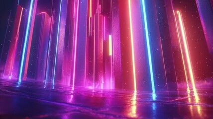 Vibrant neon lights create an abstract futuristic landscape, reflecting colorful beams in a mesmerizing digital environment.