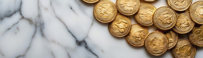 Naklejka premium A collection of shiny gold coins scattered on a smooth marble surface, showcasing wealth and luxury.