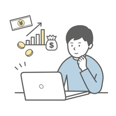 パソコンで資産運用する男性