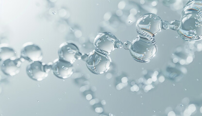 Transparent DNA and water molecules on a light grey backdrop in a close-up view, with sunny lighting and shadows.
