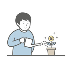 水やりをしてお金を育てる男性