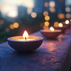 Diwali lights on balcony, cityscape background, 3D illustration