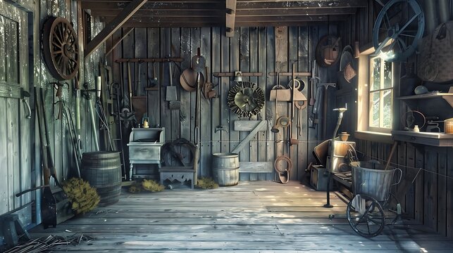 Old wooden farmhouse interior with tools and equipment
