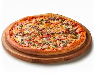 Delicious pizza served on wooden plate isolated on white