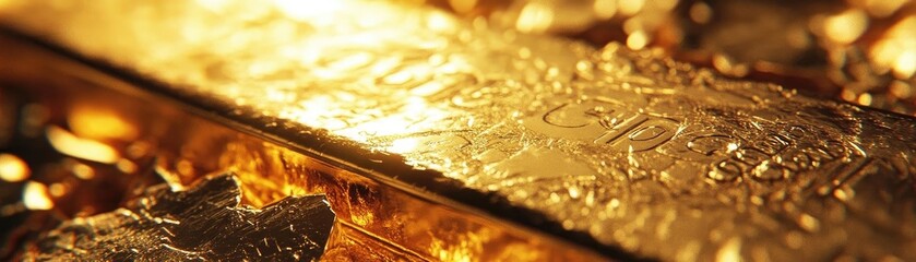 Close-up view of a gleaming gold bar, showcasing intricate details and reflecting light, symbolizing wealth and prosperity.