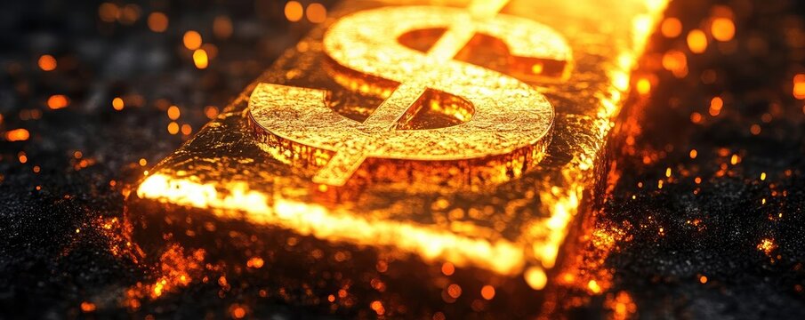 A sparkling golden bar with a dollar sign, symbolizing wealth and financial prosperity, surrounded by glowing particles.