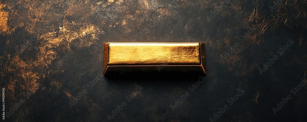 Wall mural a gleaming gold bar rests on a textured black surface, symbolizing wealth and luxury in a stunning v