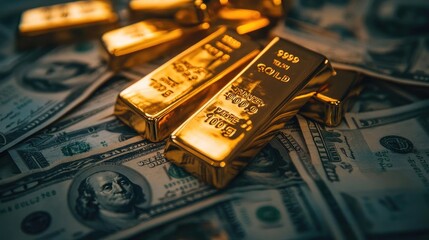 Golden bars on top of scattered banknotes, symbolizing wealth, investment, and financial success. A striking image of luxury.