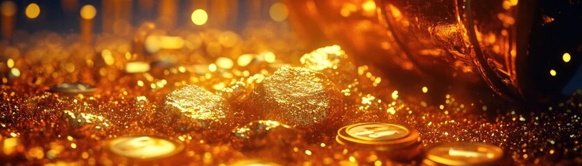 A treasure trove of gleaming gold coins and jewels, capturing the allure of wealth and prosperity in a stunning, warm glow.