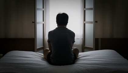 침대에 앉아 슬픔에 잠긴 사람의 뒷모습