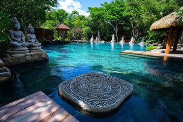 Naklejka premium A hot spring with carved stone statues surrounding the pool, giving it a sacred and tranquil atmosphere