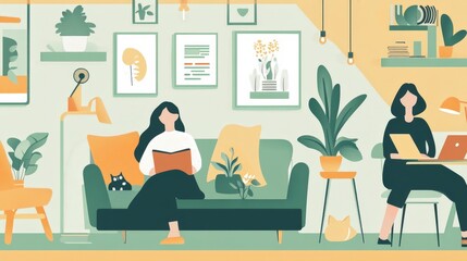 Fototapeta premium Finding Harmony: Flat Design Illustration of Work-Life Balance with Relaxing Hobbies Amidst Work Activities in a Home Setting