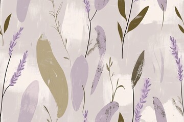 Abstract seamless pattern with lavender and foliage in a muted palette.