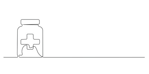 continuous line of medicine bottles.one line drawing of medicine bottles with medical cross sign.single line vector illustration.editable stroke.isolated white background