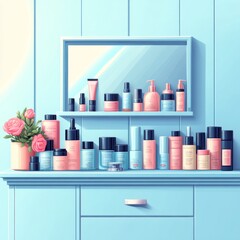 化粧台に置かれた化粧品と美容製品のイラスト
