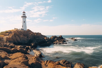 Lighthouse beacon on rocky promontory overlooking the vast ocean. Tower stands tall against coastal...