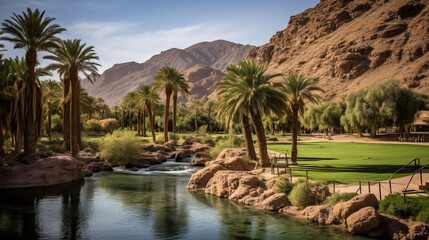 Serene Oasis Landscape with Palm Trees and Mountains