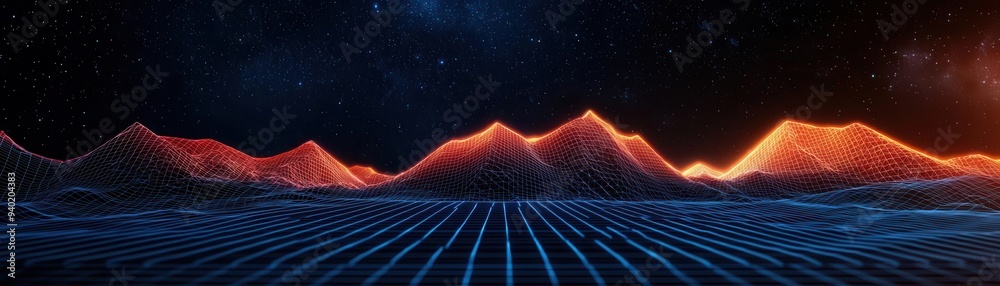 Wall mural futuristic wireframe landscape with sharp geometric structures, glowing 3d shapes, and intricate gri