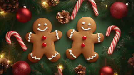 Playful Gingerbread Men and Candy Canes on a Festive Backdrop