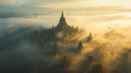 Mysterious ancient temple shrouded in fog at sunrise