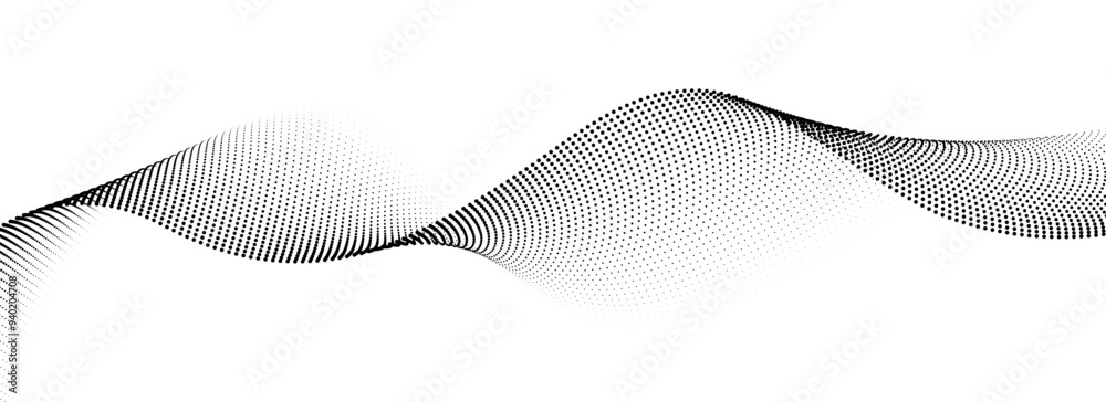Aufkleber Dotted wave lines background. Black halftone undulate pattern. Curved dashed gradient design element for poser, banner, presentation, booklet. Abstract flowing particle dot line wallpaper. Vector