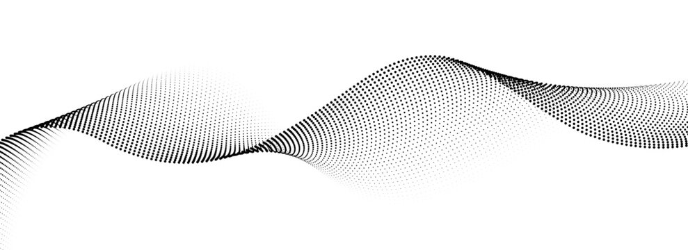 Dotted wave lines background. Black halftone undulate pattern. Curved dashed gradient design element for poser, banner, presentation, booklet. Abstract flowing particle dot line wallpaper. Vector