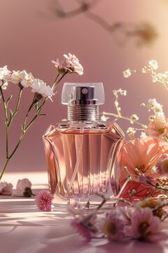 Floral Fantasy: Crystal perfume bottles nestled in a vibrant bouquet of daisies, ranunculus, and cosmos, bathed in warm sunlight, evoke a sense of spring and captivating fragrance.
