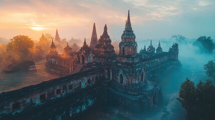 Obraz premium Mystical sunrise over ancient temple complex shrouded in mist