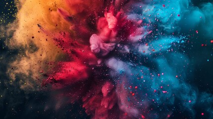 Colorful explosion of smoke and liquid paint on dark background