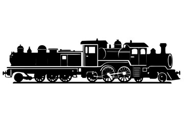 Vector Train, Black and white silhouette of a vintage steam locomotive chugging along the tracks, emitting a plume of smoke.  isolated on white background.