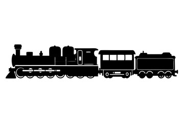 Vector Train, Black and white silhouette of a vintage steam locomotive chugging along the tracks, emitting a plume of smoke.  isolated on white background.