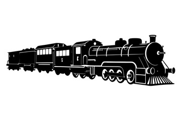 Vector Train, Black and white silhouette of a vintage steam locomotive chugging along the tracks, emitting a plume of smoke.  isolated on white background.