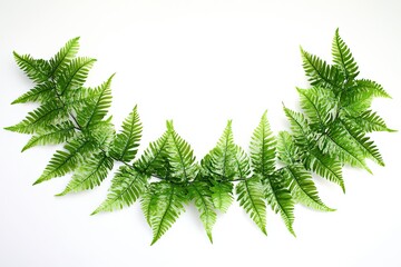 Green fern leaves arranged in a semi-circle on a white background, creating a frame for text or images.