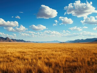 Golden Prairie Landscape under Blue Sky with Clouds, Mountain Peaks on Horizon