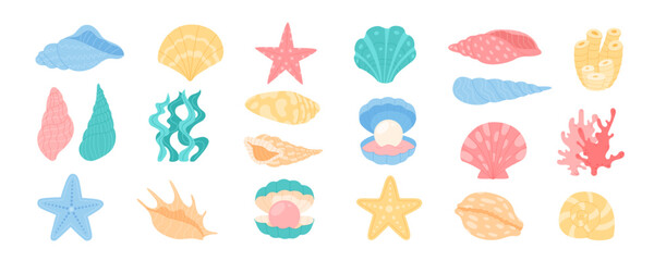 Illustration set of colorful shells and coral. Cartoon seashells with marine life forms and underwater designs. Varied ocean elements, including vibrant aquatic icons.