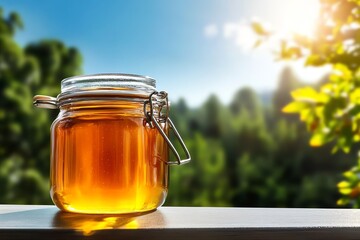 A jar of honey placed on a windowsill with sunlight streaming through, casting a warm, golden glow on the glass