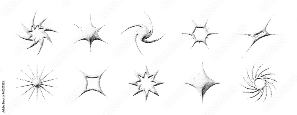 Poster black stippled stars collection. 3d dotted textured sparkles and flares set. halftone grain noise tw