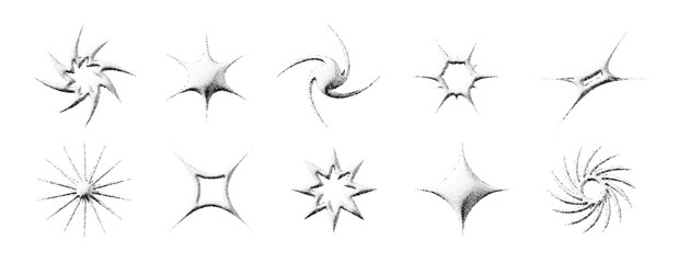 Black stippled stars collection. 3d dotted textured sparkles and flares set. Halftone grain noise twinkle shape bundle. Dot work grunge asterisks and stars elements for poster, banner, flyer. Vector