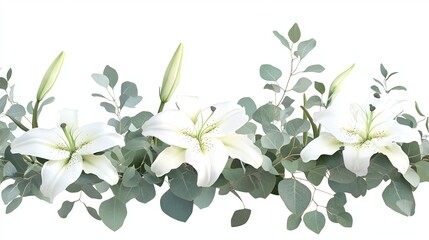Obraz premium Seamless border of white lilies and eucalyptus leaves isolated on white background.