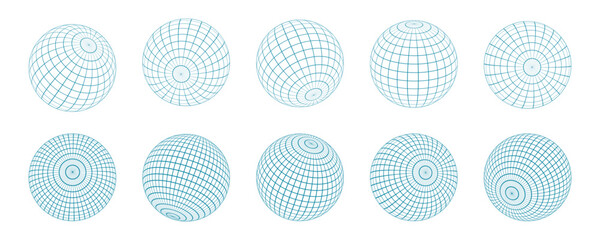 A series of 3D wireframe mesh spheres displayed on a checkered grid background. The abstract geometric globe shapes in a retro Y2K aesthetic, blending futuristic and digital design elements.